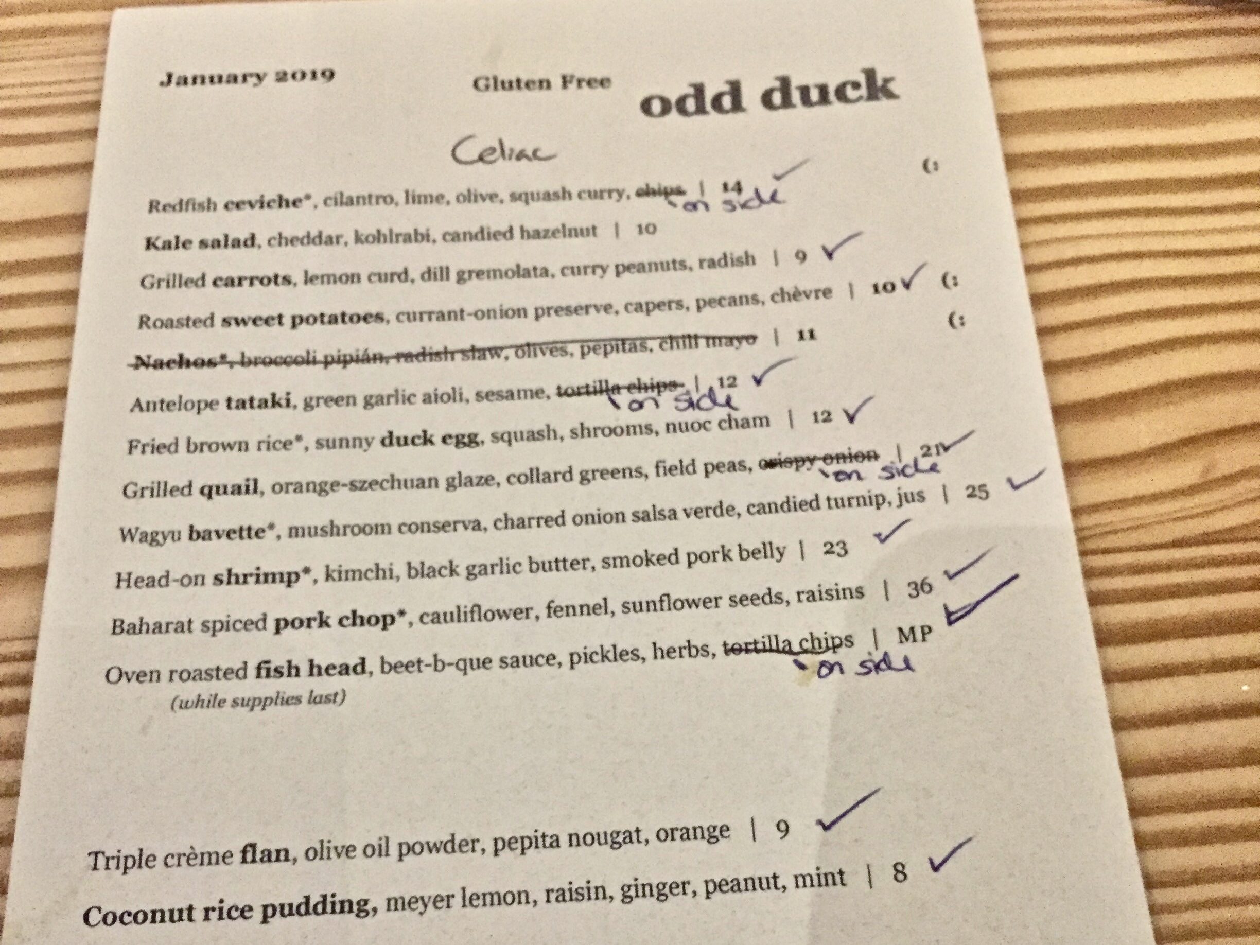 Odd Duck Menu Marked Up for Celiac Safe Options